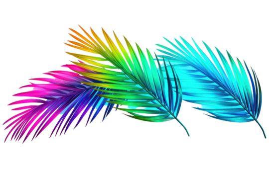 Neon gradient palm leaves featuring a bold mix of bright turquoise, magenta, isolated on white background - Powered by Adobe