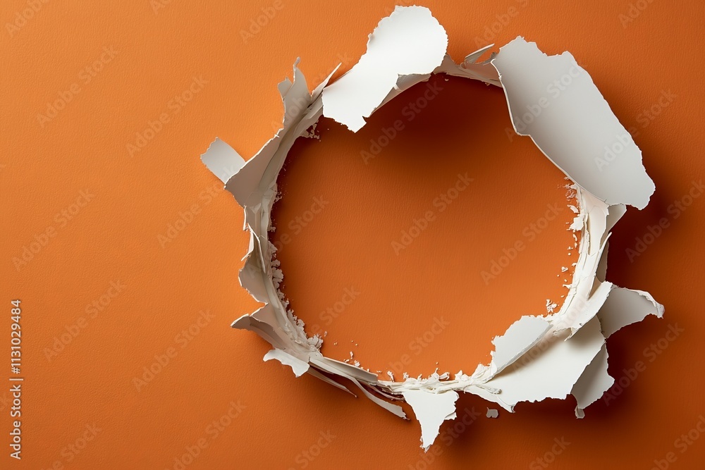 Poster torn paper forming a circular frame against an orange background creates an intriguing visual effect