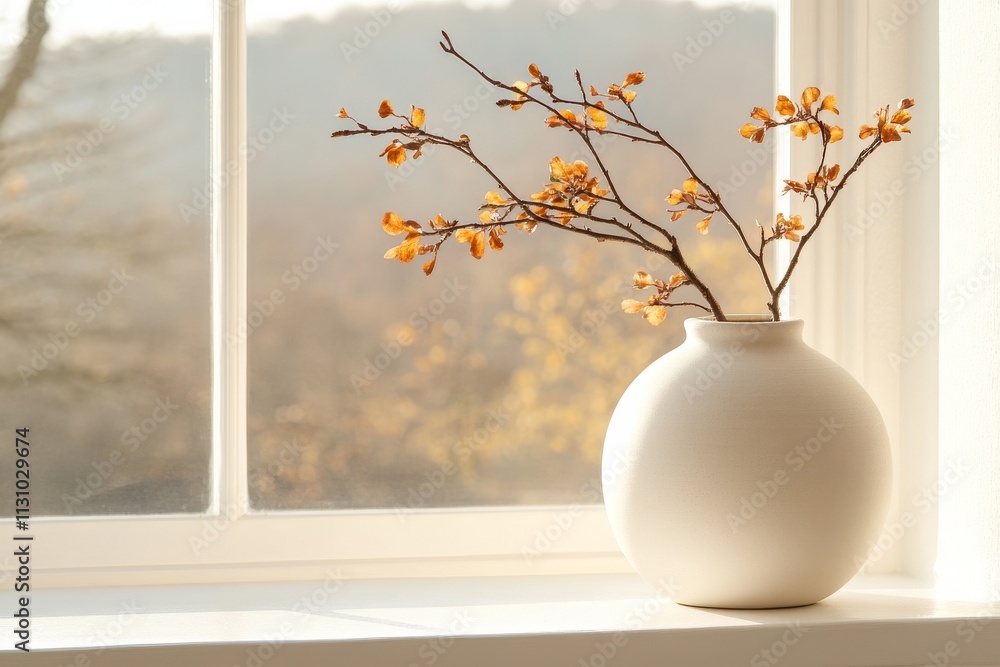 Poster decorative vase with blossoming branches on a bright window sill during autumn in a serene setting