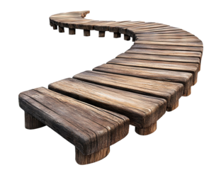 Long curved winding wooden pier, isolated on transparent cutout background