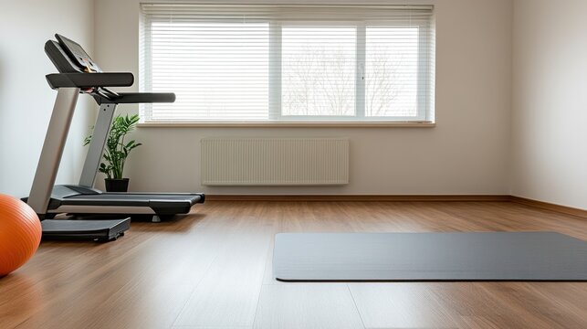 A minimalist home gym with a treadmill and exercise mat, illuminated by soft natural light from large windows overlooking a peaceful view.