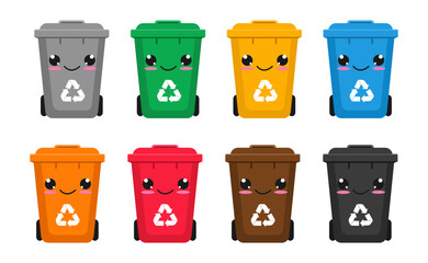 Plastic trash cans in Kawaii style. Set of vector trash cans. Isolated on a white background. Vector illustration in flat style.	
