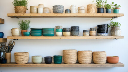 Beautifully arranged shelves display variety of decorative pots and planters, showcasing different materials and colors, perfect for enhancing any interior space