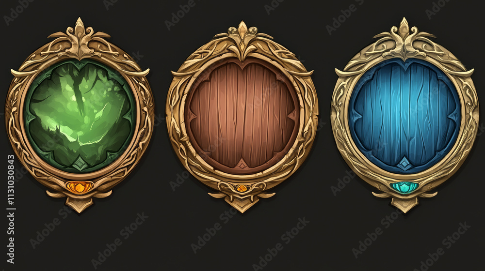 Poster fantasy ui game circle avatar rank level frame. round interface border button design. medieval gui b