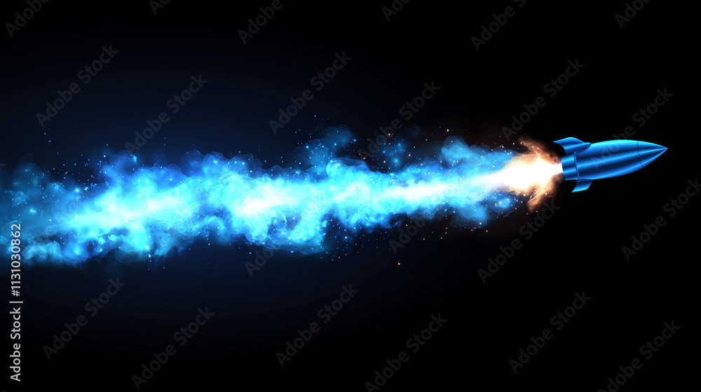 Poster blue fire trails of jet or rocket flight isolated on transparent background. jetpack or spaceship la