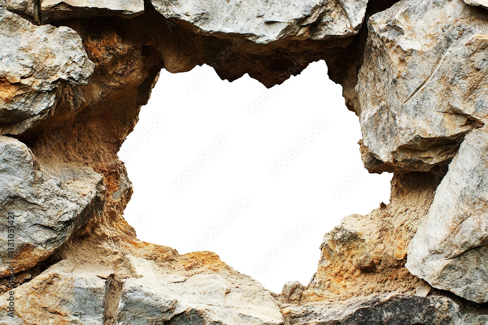 Poster a rough hole in a stone wall with sharp, jagged edges, creating a natural frame against a transparen