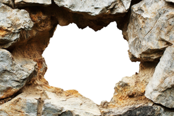 A rough hole in a stone wall with sharp, jagged edges, creating a natural frame against a transparent background
