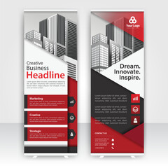 Modern design of annual report display stands showcasing professional graphics in an office environment with red color