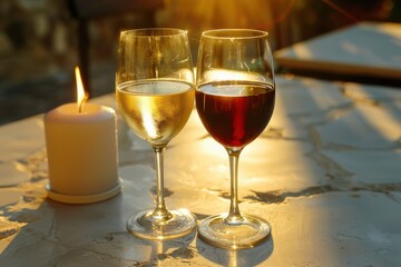 Two glasses of wine one white and one red on a table with a candle in sunlight