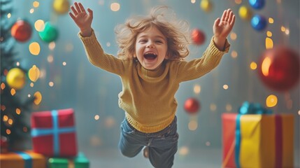 Fototapeta premium child jumping with joy after receiving a present,