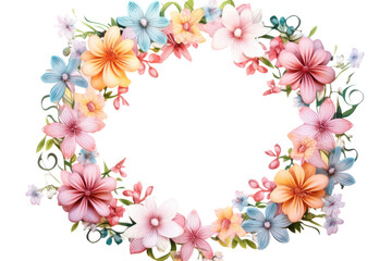 Elegant floral circle frame with intricate blossoms and leaves arranged in a symmetrical pattern, isolated on white background