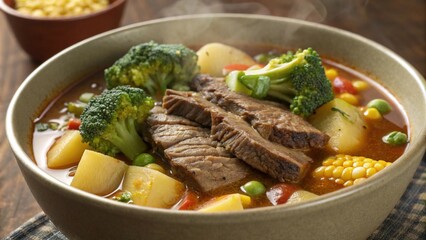 A rich bowl of beef steak stew loaded with potatoes, broccoli, and corn, comforting and delicious.
