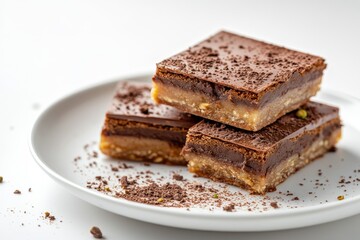 Delicious chocolate dessert squares on a plate with crumbs and nuts in a bright kitchen setting