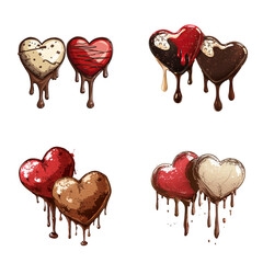 four heart-shaped candies colored chocolate coatings, dripping hearts gooey Valentine