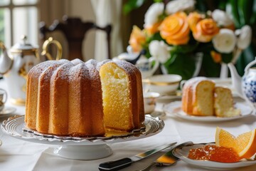 Vanilla cake with orange jam and knife on tea table