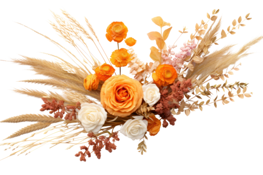 Delicate fall bouquet of roses, asters, and marigolds combined with dried wheat and twigs isolated on white background