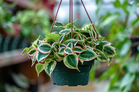 Variegated Hoya plant hanging in greenhouse