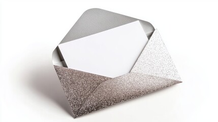 Scene photography of open silver glitter envelope and blank card