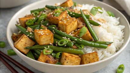 Garlic green beans and crispy tofu stir-fried to perfection, served with rice in a colorful bowl.