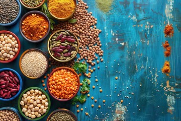 Variety of legume bowls and spices viewed from above Colorful kitchen table with global beans and seeds Alternative protein diet concept