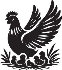 Fototapeta premium A hen guarding her chicks under her wings black vector silhouette
