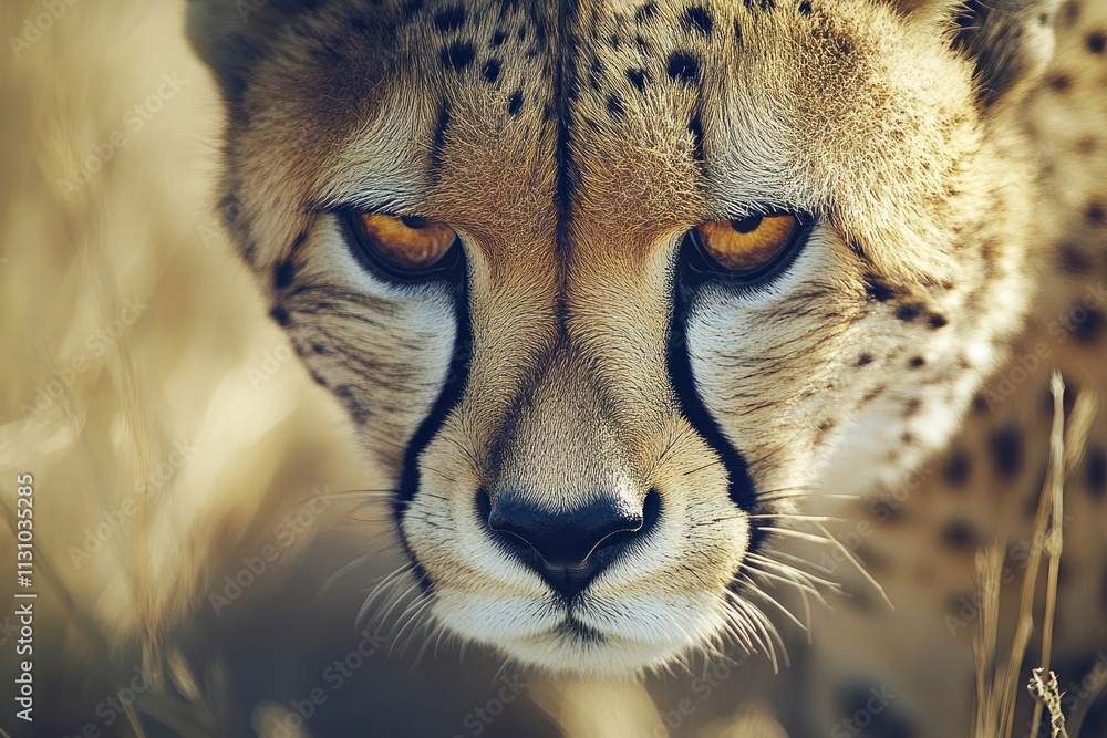 Aufkleber close-up of a cheetah's face, showcasing its intense gaze and distinctive markings.