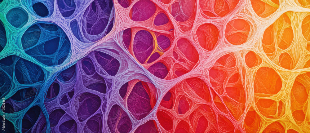 Poster a vibrant, abstract design featuring interconnected shapes in a gradient of colors from purple to or