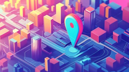 Abstract city map with a location pin. Colorful, stylized, 3D cityscape