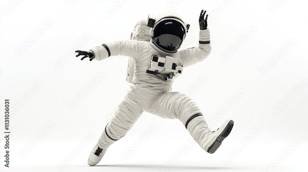 Poster An astronaut in a spacesuit appears to be leaping or dancing against a white background.