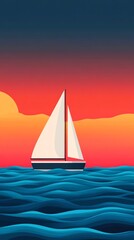 Fototapeta premium Sailboat on ocean at sunset with vibrant colors.