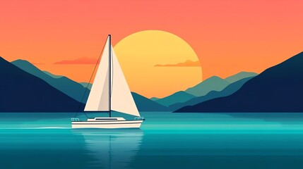Fototapeta premium Sailboat sailing at sunset in serene waters.