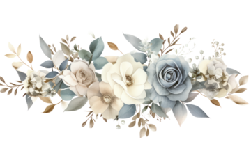 Beautifully rendered watercolor flowers including roses and eucalyptus in a stylish metallic frame, suitable for wedding invitation designs