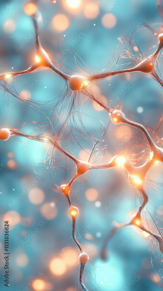 Poster a vibrant, abstract representation of interconnected neurons, illuminated with glowing nodes against