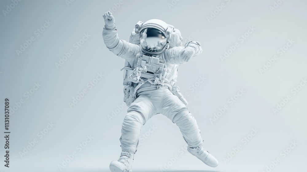Poster a floating astronaut in a minimalist, futuristic setting.