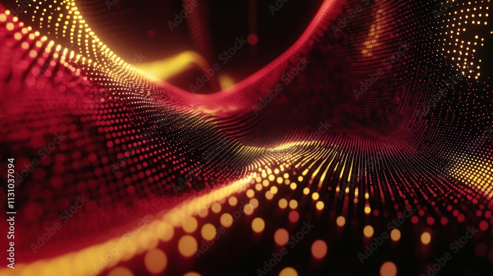 Aufkleber abstract digital waves with glowing dots in red and yellow hues.