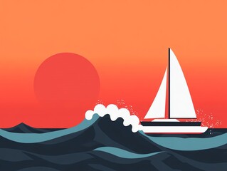 Naklejka premium Serene sunset view with sailboat on waves.