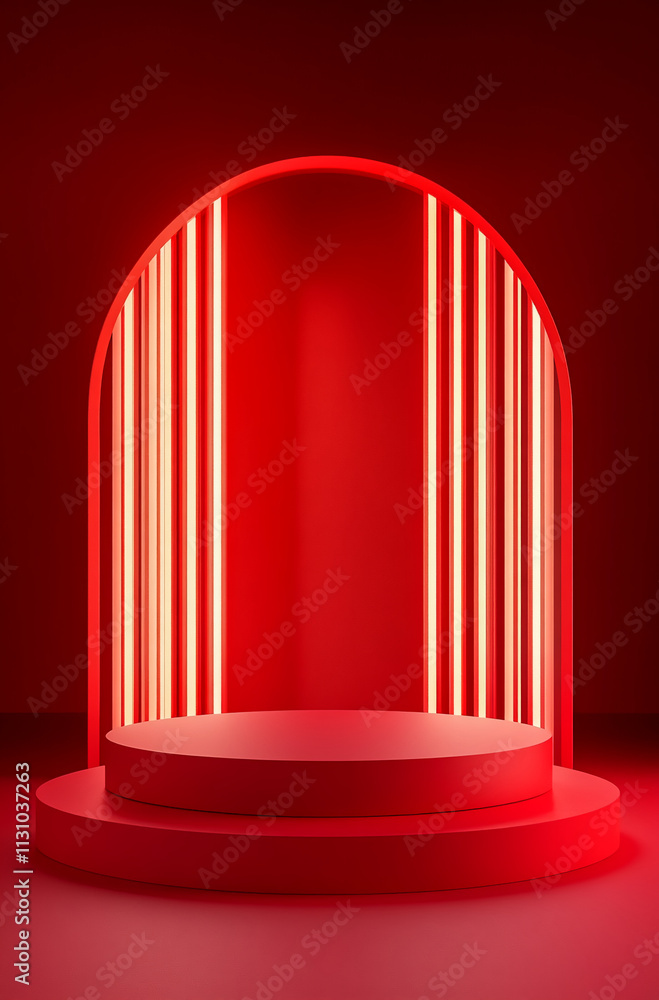 Aufkleber Stylish red display stage with illuminated vertical lines creating an eye-catching ambiance for events