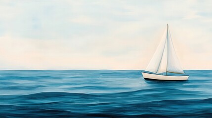 Fototapeta premium Watercolor texture and vibrancy, A serene sailboat glides across calm blue waters under a soft sky, evoking tranquility and the beauty of nature.