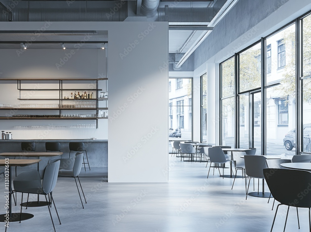 Poster modern caf? interior with minimalistic design and large windows.