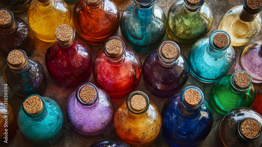 Poster bottles with magic potion, alchemy elixir or poison. vector cartoon set of glass jars, vials and fla