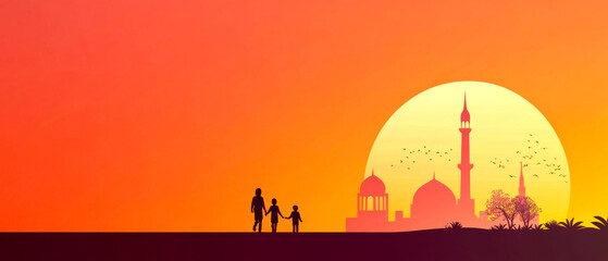 Obraz premium A silhouette of a family walking against a vibrant sunset, with iconic structures in the background, creating a serene and picturesque scene.