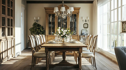 Obraz premium Rustic farmhouse living room with a stone fireplace, wooden beams, cozy textiles, and soft lighting, creating a warm and inviting atmosphere.