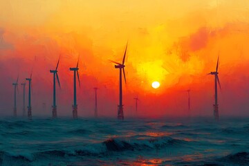 Obraz premium Wind Turbines Silhouetted Against a Fiery Sunset Over a Misty Ocean