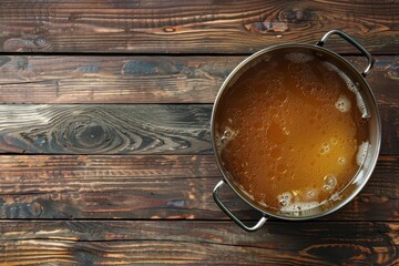 Vegetable broth in skillet wooden background top view