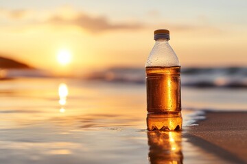 Obraz premium Sunset over the ocean with a water bottle resting on the sandy beach during golden hour
