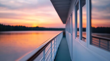 Fototapeta premium Cruise ship deck at sunset, serene water view.