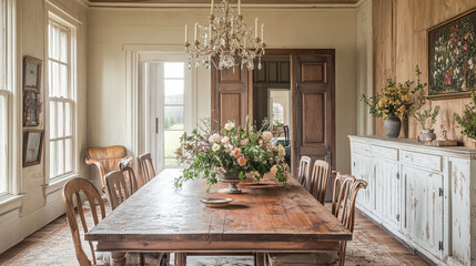 Fototapeta premium Rustic farmhouse living room with a stone fireplace, wooden beams, cozy textiles, and soft lighting, creating a warm and inviting atmosphere.