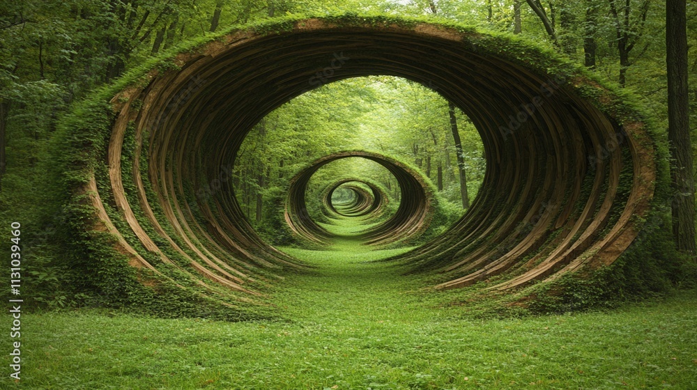 Poster a serene forest scene featuring large, circular shapes made of greenery, creating a whimsical pathwa