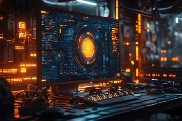 Obraz premium A close-up of a futuristic computer screen with vibrant orange and blue lighting, displaying a digital interface.