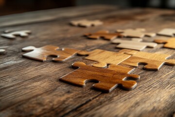 Wooden puzzle pieces scattered on a rustic wooden table in a cozy indoor setting